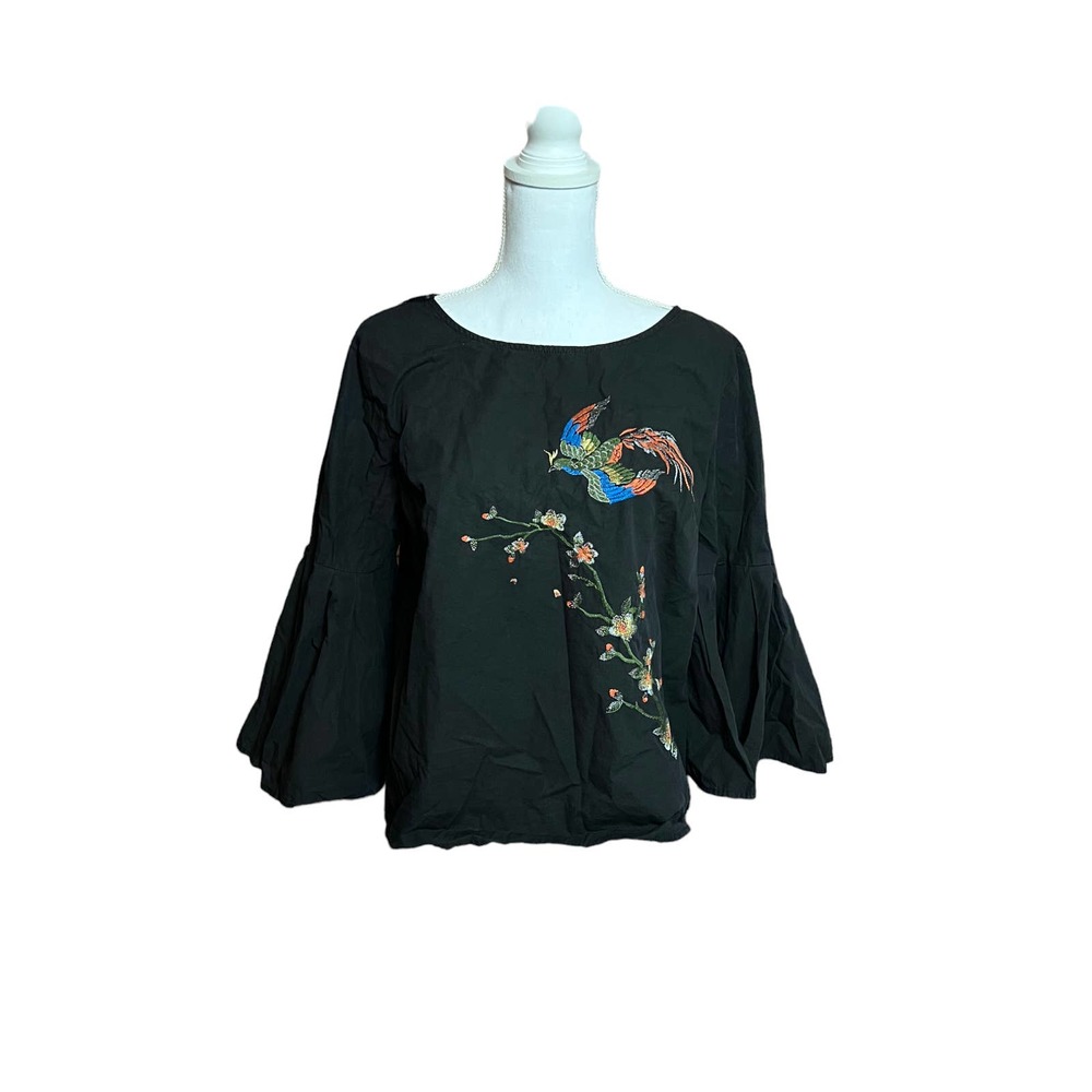 Jealous Tomato black Blouse Bird Floral Embroidery bell sleeves sz LARGE